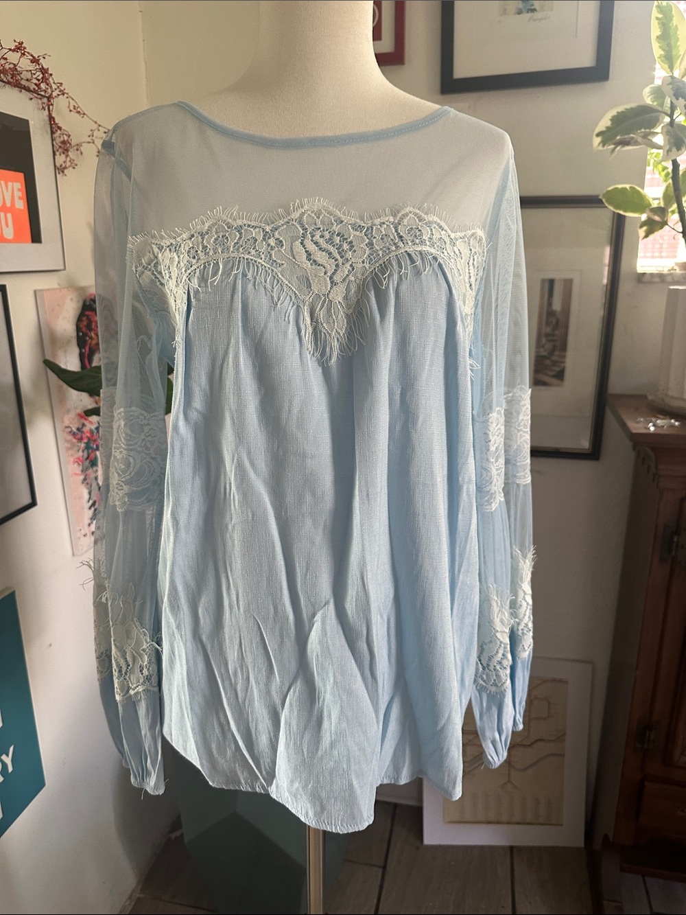 Vutti Women's Light Blue Lace Yoke Long Sleeve Blouse Small